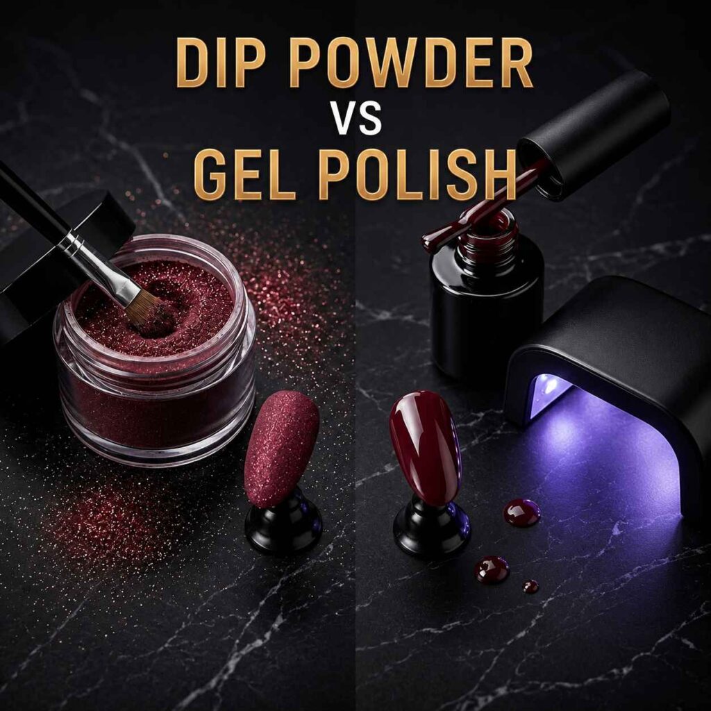 Comparison of Dip Powder and Gel Polish manicures showing glossy finished nails with different manicure styles.