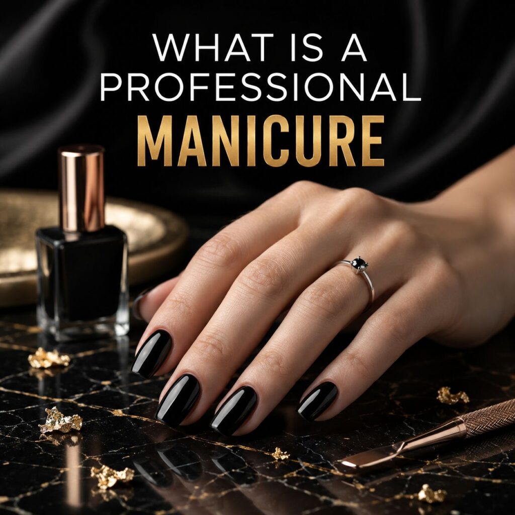 Nail technician performing a professional manicure with nail shaping, cuticle care, and polish application.