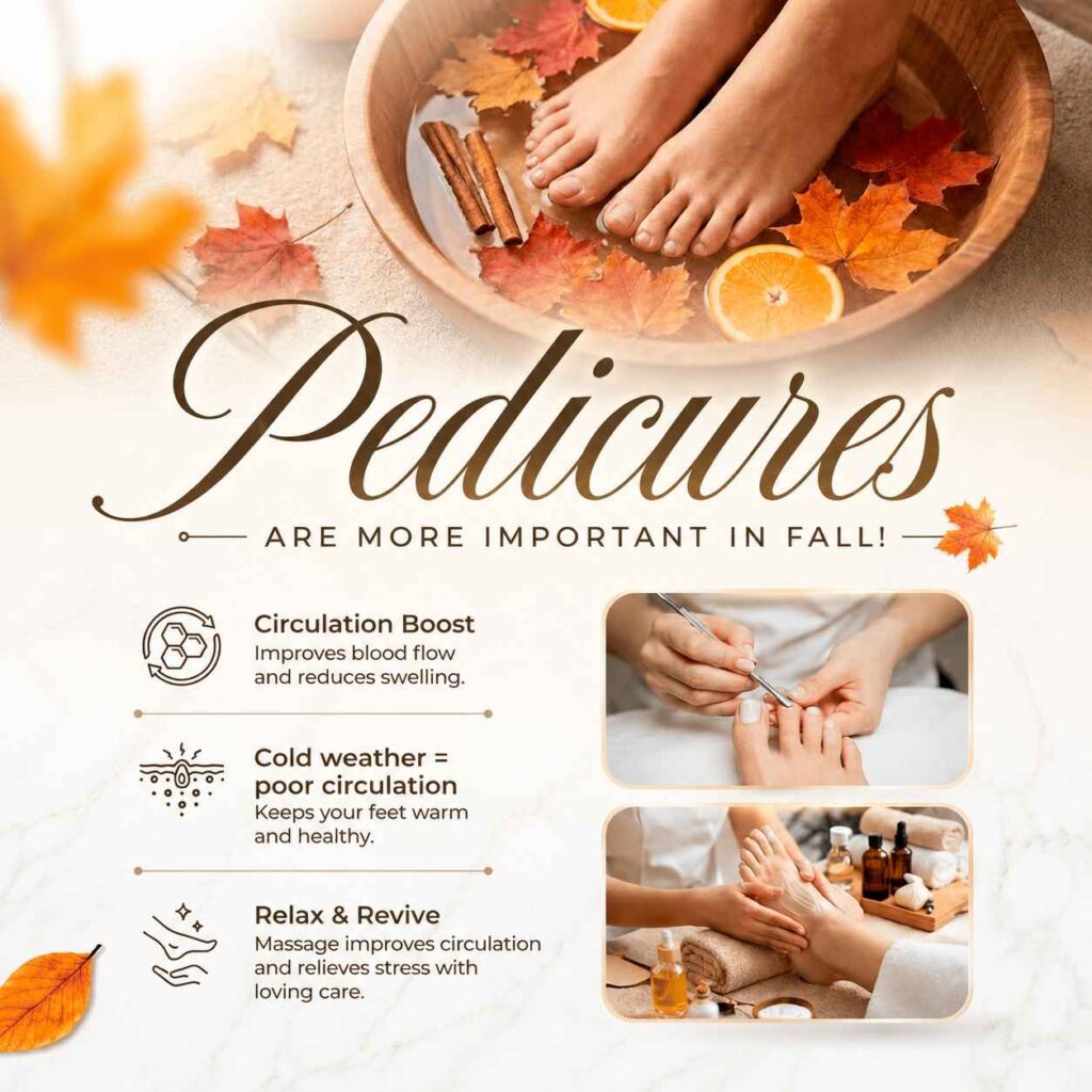 Client enjoying a professional fall pedicure with exfoliation and moisturizing treatment for soft, healthy-looking feet.