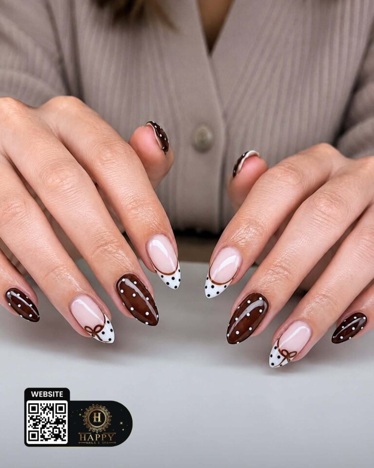White and brown French tips with dots and bow details