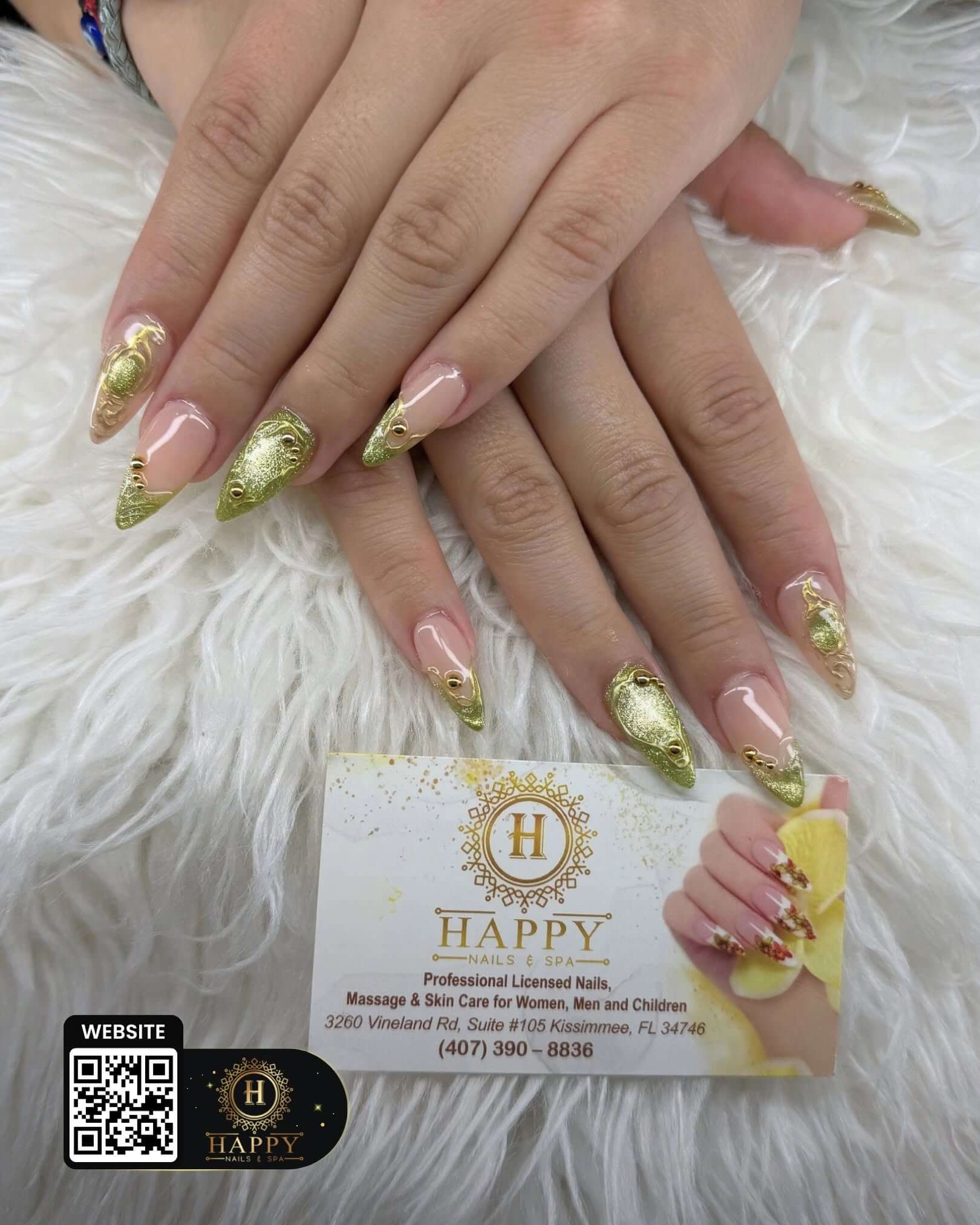 Green and gold nail design from Happy Nail & Spa